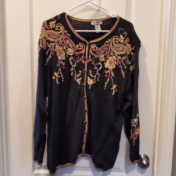 Grandma Chic Floral Paisley Embroidered Black Knit Button-Up Sweater 16/18 - Picture 2 of 8